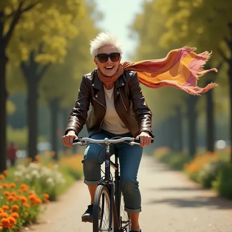 A cool old lady riding a bicycle: "A hyper-realistic image of an elderly woman with short, spiky white hair, wearing oversized sunglasses, confidently riding a vintage bicycle. She is dressed in a leather jacket with a colorful scarf flowing in the wind, e...