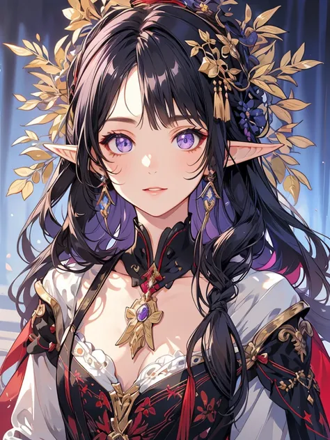 masterpiece, best quality, 1girl, ultra detailed, ultra highres, well-definded facial features, anatomically correct, cute girl, long pointy ears, elf, nice face,black hair, puple eyes, bohemian ethnic costume, art deco, 