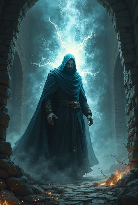  Create an intense scene where Elren the dark wizard, with dark cloak and dark look tries to use a black magic spell to demonstrate his power, but it goes terribly wrong. Energies get out of control, creating an explosion of shadows and sparks, almost dest...