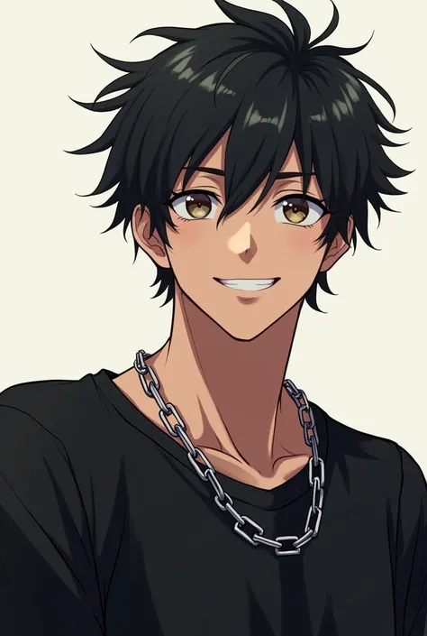 Mikey from tokyo revengers but with short black hair smiling while wearing a black t-shirt and a chain around his neck