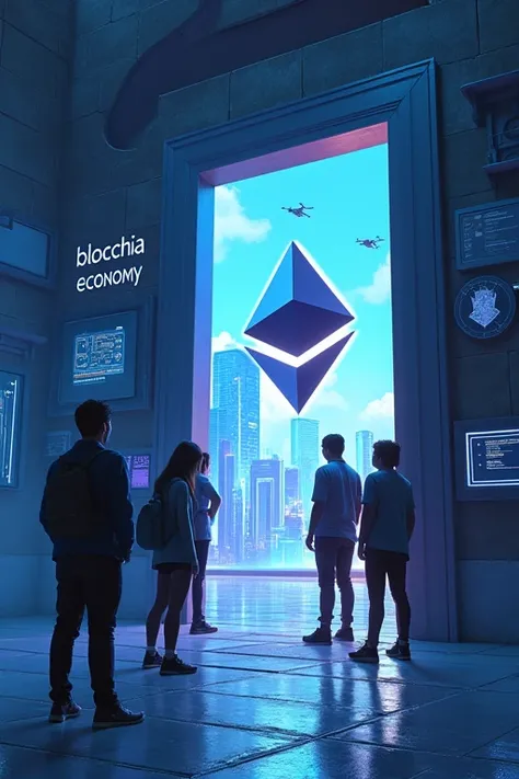 A large door with Digital Economy written above it. An oversized Ethereum logo serves as the keyhole. Argentine students are using a giant key labeled Blockchain Education to unlock the door. Behind the door, a futuristic cityscape with flying drones and h...