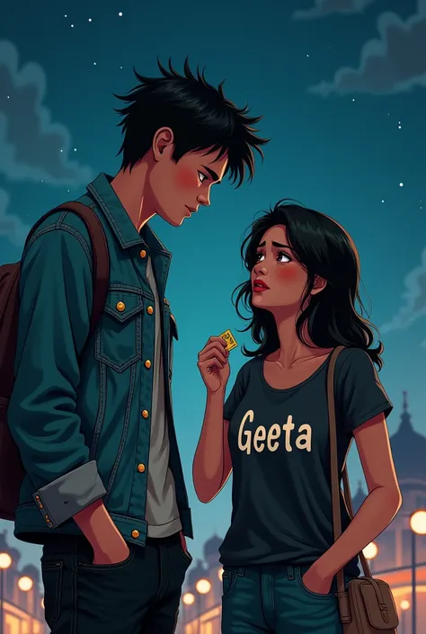 A 20 years old  boy, hear   style  ,  jins jecket,  black durty clothes , and handsome boy, side at one girl 
in name Geeta , doing lattering , One rupee in hand, weaping , t shirt on writing bold name Geeta whe background night star Amritsar 