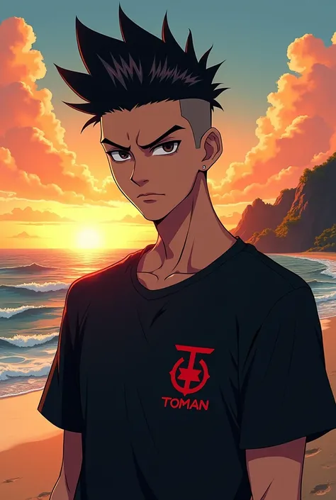 (Anime profile picture) Mikey from tokyo revengers with black hair in undercut style. He is wearing a black t-shirt with the toman logo on it. The background is a beautiful beach at sunrise.