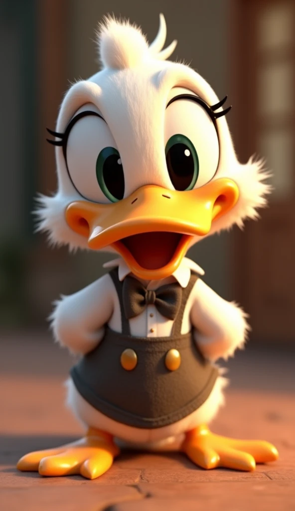 Perfect centering, Looking at the camera, a close up 2/3 of a cartoon duck wearing a shirt with bowtie and a skirt, full body, happy, 3 d animation demo reel, 3d animation, 3 d animation, 3 d animated movie, 3d animated, 3 d animated, tv commercial, clay a...