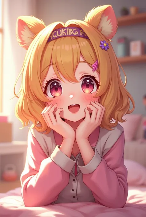 Create a 2d image of a smiling anime version neko vtuber girl with blonde hair doing asmr