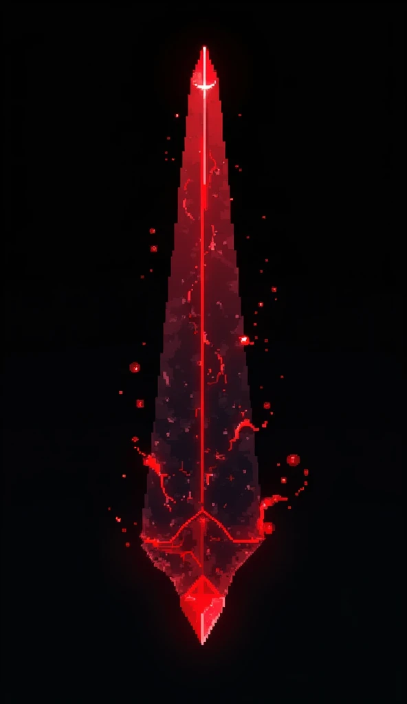 A sword projectile in the style of a clear pixel art, made of solid blood-colored crystal with vessels of black void
