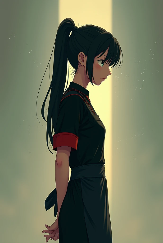 a 1. Alone. Her hair is black and tied. She wears a chefs black shirt with a red stripe. She wears a black waist apron with a white stripe. She hugs her body.3D ghibli.