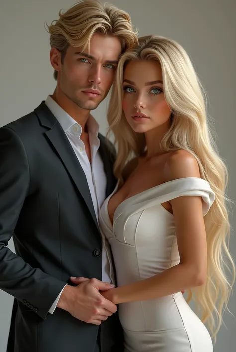 A blonde woman with blue eyes, straight hair, big and white, beautiful body and a blonde man with light and realistic eyes and clothes 