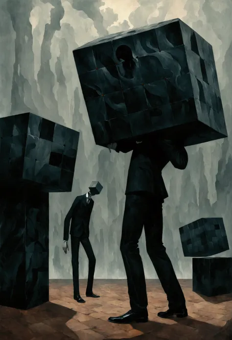 faceless man,(((cube head)))，cube anthropomorphism，bend over，tired， dance，alessio albi, abstract surrealism, faceless man dark, ...