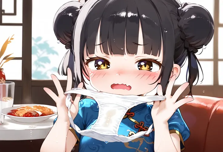 ((loli:1.5)), baby face, chinese restaurant, ((white china dress)), blunt bangs, black hair, short hair, double bun, black eyes,...