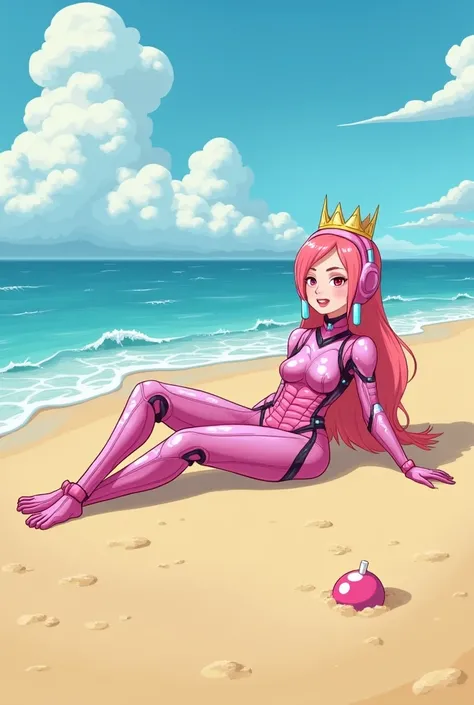 princess sweets from adventure time on the beach with a nano suit, realistic style