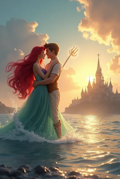 Background: The sky clears, the sea calms, and Ariel stands on the shore beside Eric. King Triton appears in the water, watching them proudly.
Action: Ariel embraces Eric, and her father waves his trident, transforming Ariel permanently into a human.
Actio...