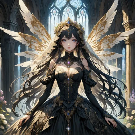 In a world where the elegance of a faded era meets the precision of mechanical innovation, a Gothic Lolita girl stands as a living testament to this haunting beauty. Her long black hair drapes luxuriously around her shoulders, a silken veil of night that e...