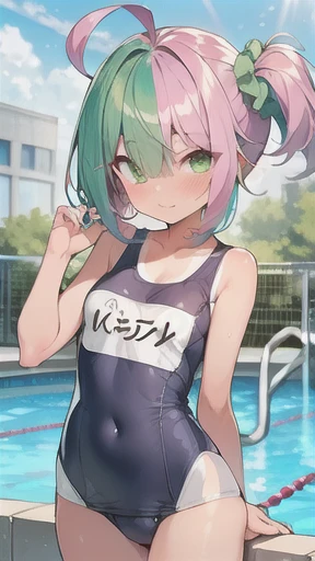 (((scrawny))),((Wheat skin)),(((tall))),tanlines,(side ponytail,ahoge,One eye is covered by hair,Green scrunchies),((Purple Hair)),(fluorescent pink streaked hair),(Green Eyes),Slanted Eyes,BREAK,(School Swimsuit),Poolside