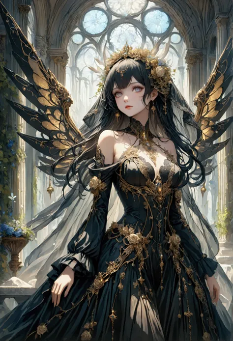 In a world where the elegance of a faded era meets the precision of mechanical innovation, a Gothic Lolita girl stands as a living testament to this haunting beauty. Her long black hair drapes luxuriously around her shoulders, a silken veil of night that e...