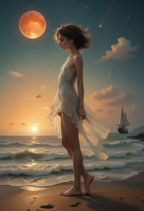 ((masterpiece, top quality)), at night, thin clothing, girl, put one foot in sea water with only your toes, girl standing, girl ...