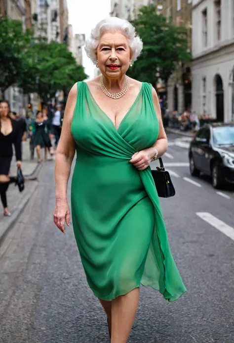 (Gorgeous queen elizabeth 80yo with gigantic breast running in the city, shes a lawyer, (vibrant green elegant chiffon dress with a deep neckline:1.4), red lips, (((saggy busty breast))), generous cleavage, realistic photography, (((distant from camera))) 