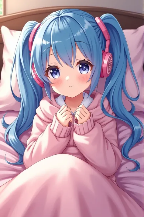 Create a cute anime vtuber smiling with blue hair and headphones on her bed doing ASMR