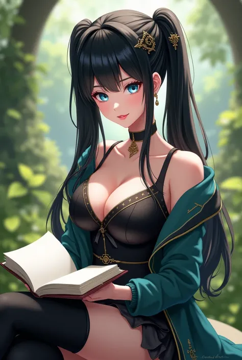 8K，Extremely high image quality，A high resolution, guy, Solo, Detailed face，Stunning face，thigh boots, hair adornments, view the viewer, Beautiful eyes,pony tails，The princess cuts the bangs, sitting in the garden reading the book, beautiful blue eyes and ...