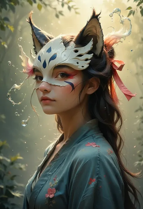 splash art, portrait of beautiful japanese traditional mask kitsune with ribbons, , magic, photorealistic, by dkcw