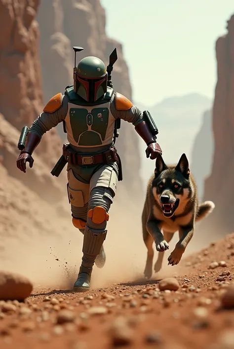 Boba Fett chased by a dog、Star Wars、movie、Mandaean