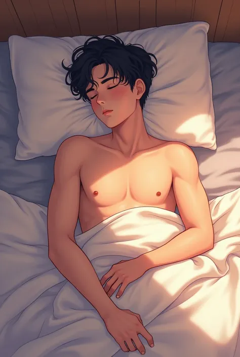 A full-body anime illustration of a fair-skinned handsome man sleeping in bed