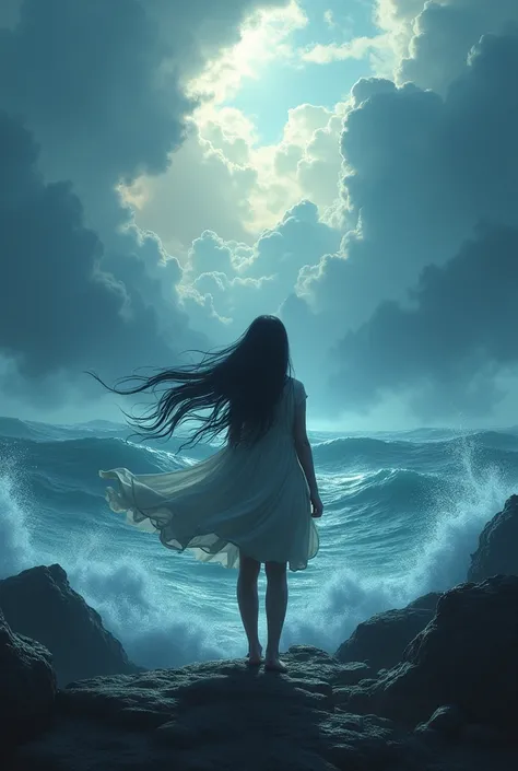 A girl backside standing in the white ble dramatic ocean and blue dramatic sky
