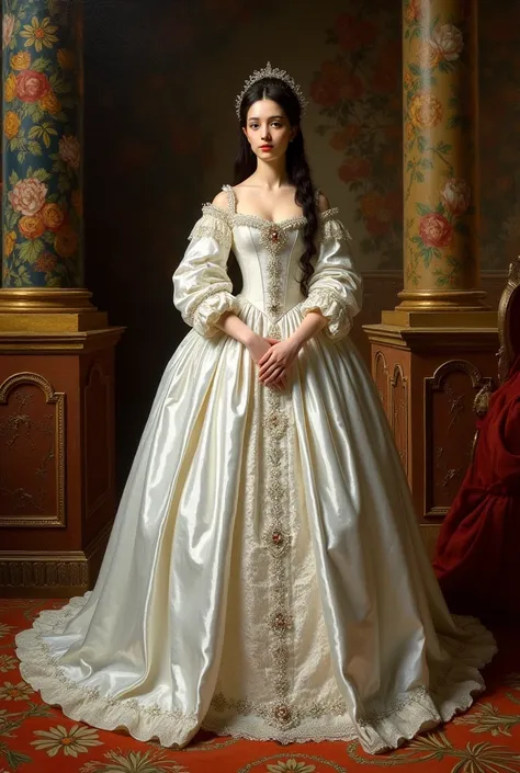 An oil painting of catherine of Aragon in a lavish  full white wedding gown from The Spanish Princess