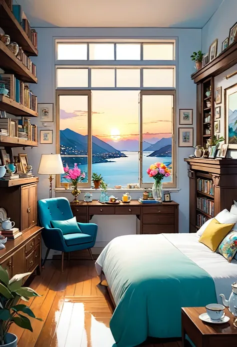 ((1girl)), beautiful, long hair, brown hair, drink coffee, ((full body)), A masterpiece, an exquisite view from a large window, shelves with books, watercolor paintings, paintings on the walls, a fireplace, chic furniture, gold elements, figurines, pots lo...