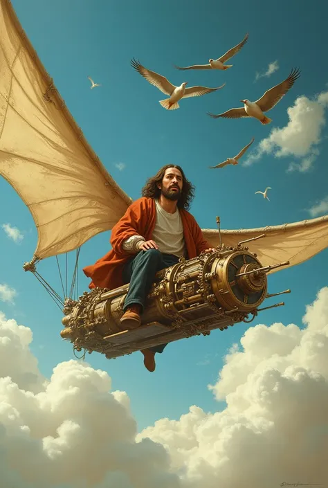 "An imaginative scene of Leonardo da Vinci soaring through the skies in one of his flying machine concepts, surrounded by clouds and birds, with a look of wonder on his face, Renaissance, vivid colors, playful." for kids