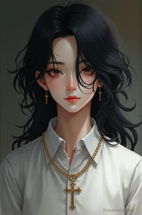 Boy with long black hair in white shirt with cross chain 