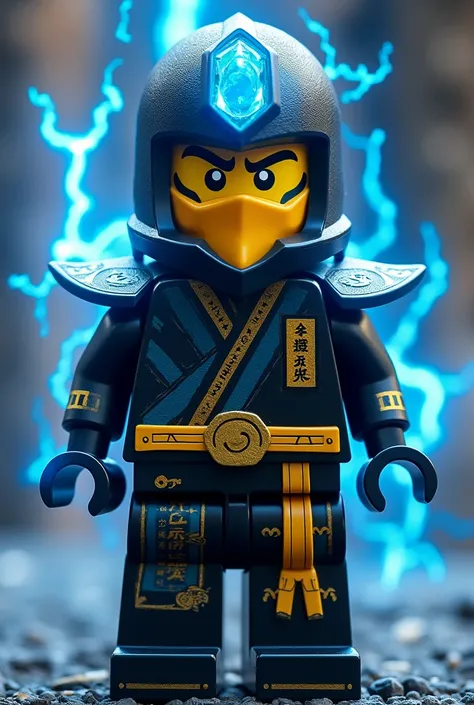 Créer moi un lego ninja go un grand méchant maitre du spijisu ultime golden futuriste de la dernière puissance dimensionaire ninja avec un masque de couleur noir, bleu anthracite sur la tête et un bandeau jaune brillant autour de la bouche avec une peau ja...