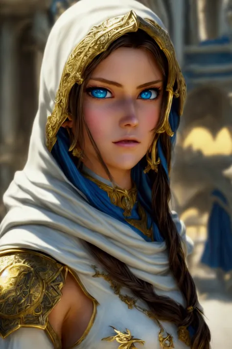 a full body photo of princess zelda., brown hair, blue eyes, dressed as an assassin from assassins creed, in white+gold with whi...