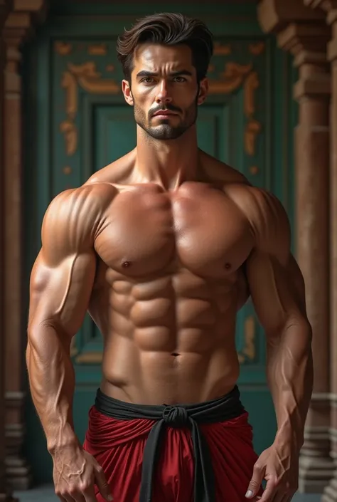 (best quality,4k,8k,highres,masterpiece:1.2),ultra-detailed,(realistic,photorealistic,photo-realistic:1.37),muscular,athletic 40-year-old male,striking handsome face,naked,sexy pose,temple background,detailed and realistic facial features,really handsome,b...