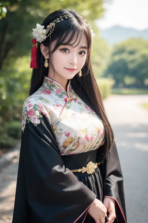 8K Ultra HD, Digital SLR,Film Grain, Fujifilm XT3,(Highest quality:1.3), (masterpiece:1.1), High resolution,She is wearing a traditional Chinese style dress with a black base.、She has elegant hair accessories。The overall impression is soft.、Natural light、T...