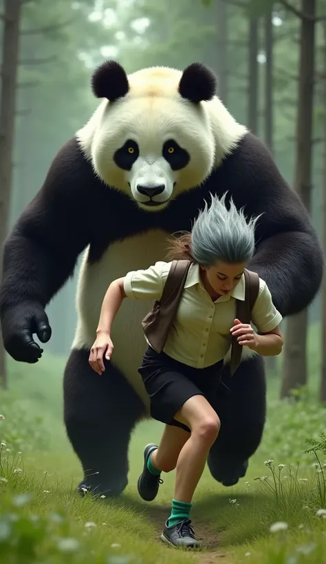 ((Highest quality)), ((Pigeon-headed woman)), (Angry Giant Panda), (Giant panda holding a refrigerator in both hands), Giant panda holding a refrigerator in both handsが後ろから追いかけてくる, A woman with a grey pigeon head is running as fast as she can to escape a g...