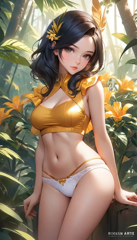 white cute panties, perfect hips line, exposed belly, exposed hips, exposed thighs, exposed legs, looking away, perfect hips line, exposed belly, exposed hips, exposed thighs, uma mulher de calcinha fofa posando na floresta, Senna do League of Legends, art...