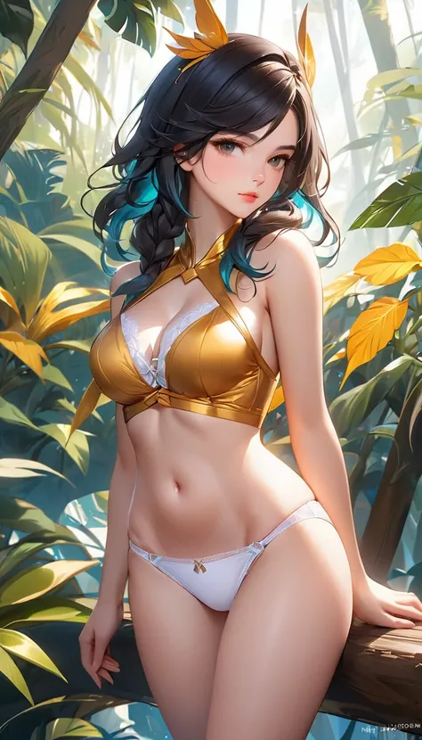 white cute panties, perfect hips line, exposed belly, exposed hips, exposed thighs, exposed legs, looking away, perfect hips line, exposed belly, exposed hips, exposed thighs, uma mulher de calcinha fofa posando na floresta, Senna do League of Legends, art...