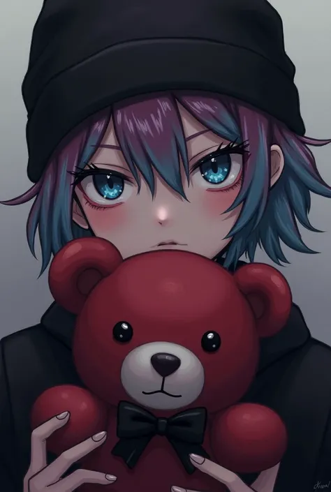 person holding cranberry color bear, feels numb, person hair is short and has tye dye hair, black beanie on head, goth, has blue eyes