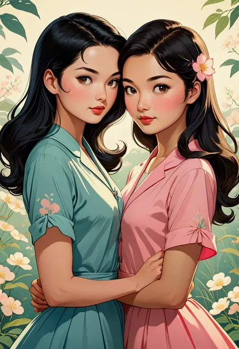 Two beautiful women in love, in a tender attitude towards each other, Sarah Kay style, one British, with semi-short light brown hair, and the other woman with delicate Asian features, with long black hair, both dressed in a 50s style.