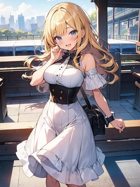 (Masterpiece, Top quality:1.5), full body, (1 beautiful girl, solo:1.2), (short height:1.2), (irregular hem skirt:1.3), Blonde hair:1.1, medium Hair, wavy Hair, asymmetry bangs, swept bangs, airy hair, large breasts:1.2, smile:1.3, blush, beautiful scene o...