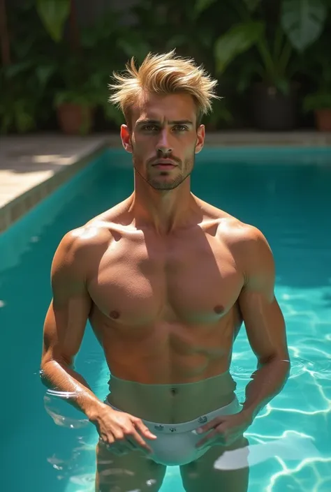 Create a naked blond man in the pool with his penis showing 