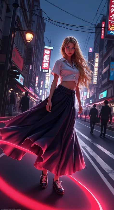 work of art, best qualityer, 8k, photographic reality, realisitic, octane rendering, Busy urban streets in Japan (1womanl: 1.4), (Just a woman on screen: 1.3), (tight white shirt), (cabellos largos dorados), (Long skirt wrapped around the hip), (blue color...