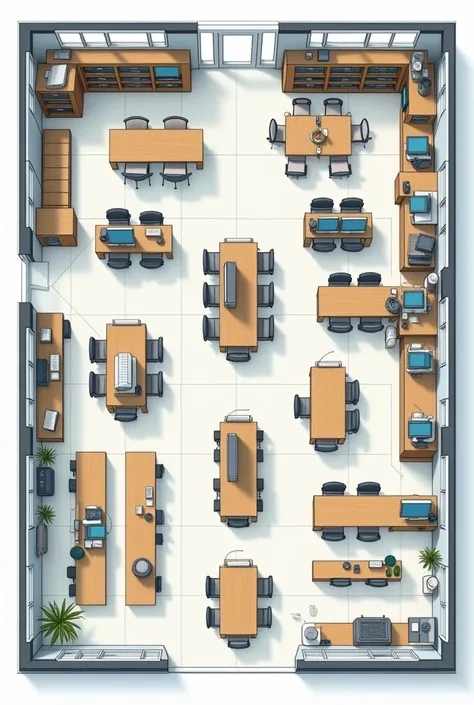 Get a graphic sketch of an architectural plan, with the spatial distribution of furniture, areas etc of a computer center with the following Computer Center: 
Work teams
* Computers 
* desks
* Chairs/seating  
* air-conditioning
* lightning 
* shelving 
* ...