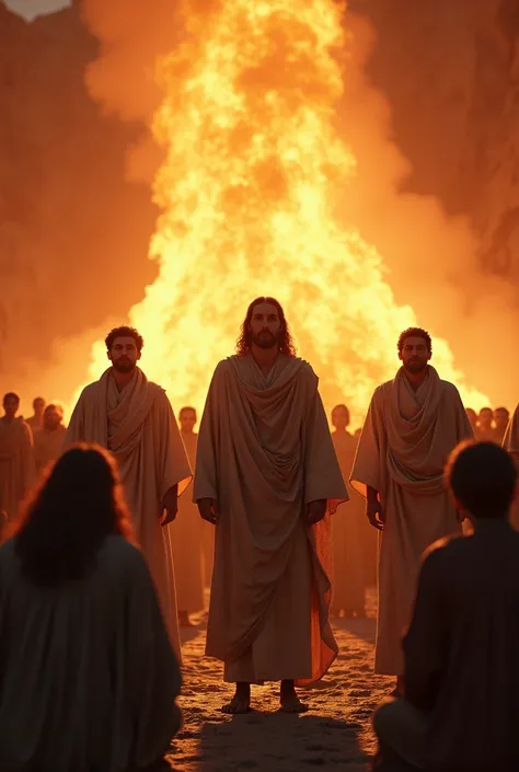 shadrach, Meshach and Abednego standing with a crowd around them on their knees and the fiery furnace in the background