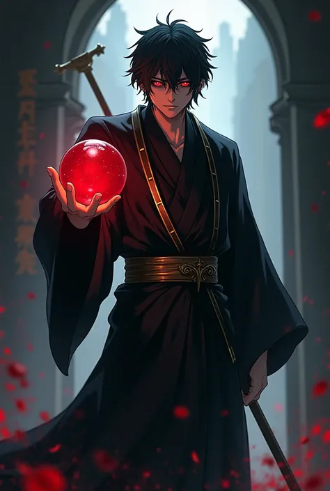 cold, long black raven-haired man with piercing crimson eyes. He wears a black kimono adorned with golden strips, adding a touch of elegance to his otherwise dark appearance. In his hand, he holds a red marble that has the eerie power to imprison souls. Th...