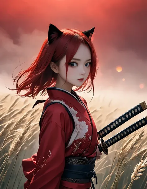 A woman wearing a bright scarlet silk warrior costume。Crouching on the Lantern。Short messy red hair。forehead。Cat ear。 White wheat field。A world of thick fog,。Half-length photo。black eyes。Clothes flutter in the wind。Serious expression。Katana on the back。Fas...