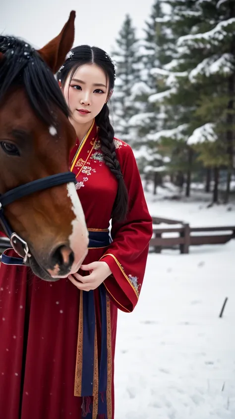 Masterpiece，Top quality，Fine details，Chinese style，Unparalleled beauty，Delicate and charming，Heavy snow，Leading horse，Wildland，Red robe，Hanfu，Winter，Northern scenery，Yanzhi planting snow and flowers，Pale eyebrows and beard are not pale，Movie lights，Stunnin...