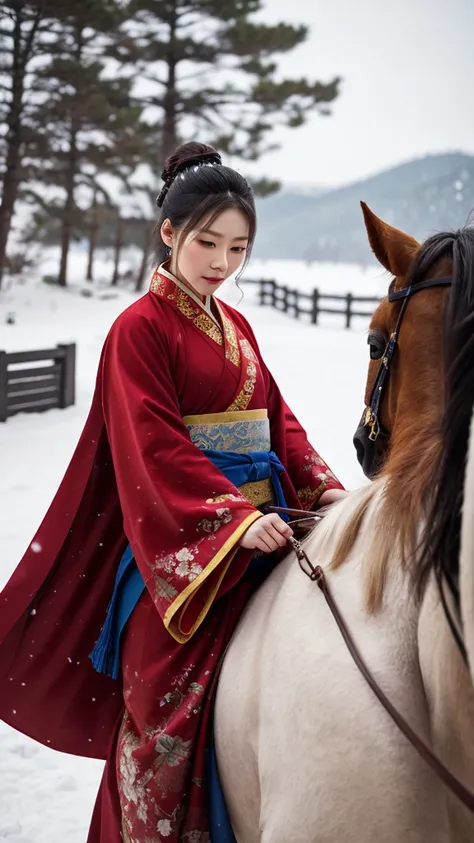 Masterpiece，Top quality，Fine details，Chinese style，Unparalleled beauty，Delicate and charming，Heavy snow，Leading horse，Wildland，Red robe，Hanfu，Winter，Northern scenery，Yanzhi planting snow and flowers，Pale eyebrows and beard are not pale，Movie lights，Stunnin...