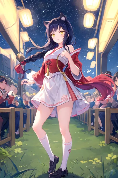 (Masterpiece, best quality: 1.3)
IncrsAhri, 1girl, solo, long hair, standing, hanbok, skirt, white knee socks, shoes, starry sky, night, bare shoulders, looking at the audience，braid